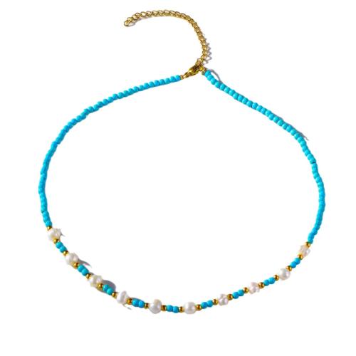 Stainless Steel Jewelry Necklace, 304 Stainless Steel, with Seedbead & Plastic Pearl, plated, for woman, blue 