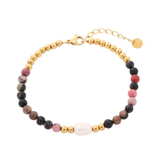 Gemstone Bracelets, 304 Stainless Steel, with Natural Stone & Freshwater Pearl, plated, for woman, golden 