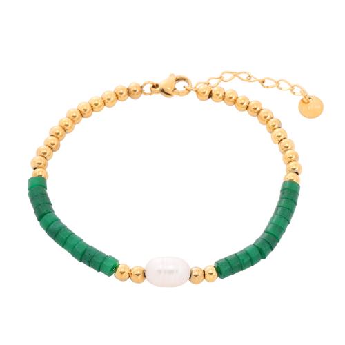 Gemstone Bracelets, 304 Stainless Steel, with Natural Stone & Plastic Pearl, with 4CM extender chain, plated, for woman, golden Approx 16 cm 