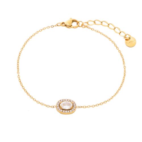 Stainless Steel Chain Bracelets, 304 Stainless Steel, with White Shell, with 4CM extender chain, plated & for woman & with rhinestone, golden Approx 16 cm 