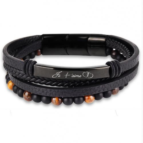 bracelet de cordon en PU , Acier inoxydable 304, avec Aimant & cordon en cuir & oeil de tigre, fait à la main, styles différents pour le choix & pour homme, noire cm, Vendu par PC