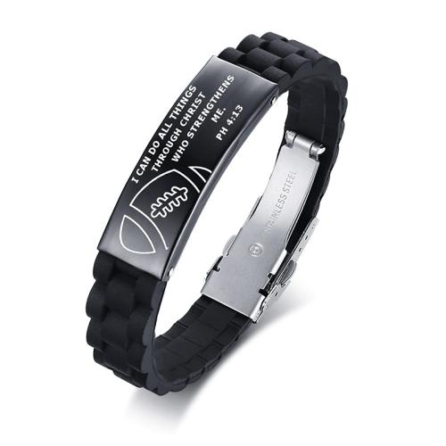 Silicone Stainless Steel Bracelets, with 304 Stainless Steel, handmade & for man, black 