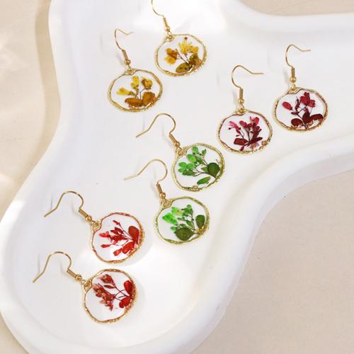 Zinc Alloy Drop Earring, with Dried Flower & Resin & 304 Stainless Steel, epoxy gel & for woman 