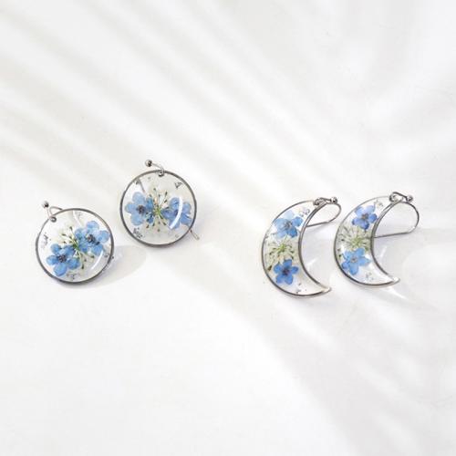 Stainless Steel Drop Earring, 304 Stainless Steel, with Dried Flower, epoxy gel & for woman, blue 