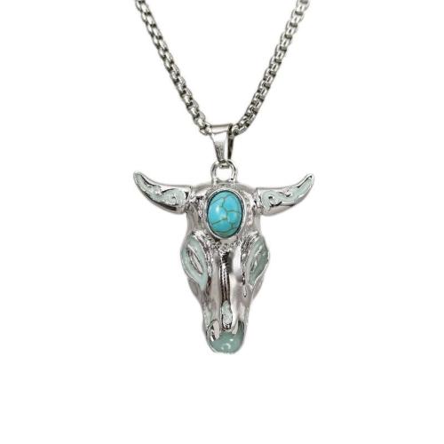 Zinc Alloy Necklace, with Synthetic Turquoise & 304 Stainless Steel, Horn, plated, for man & luminated Approx 27.6 Inch 