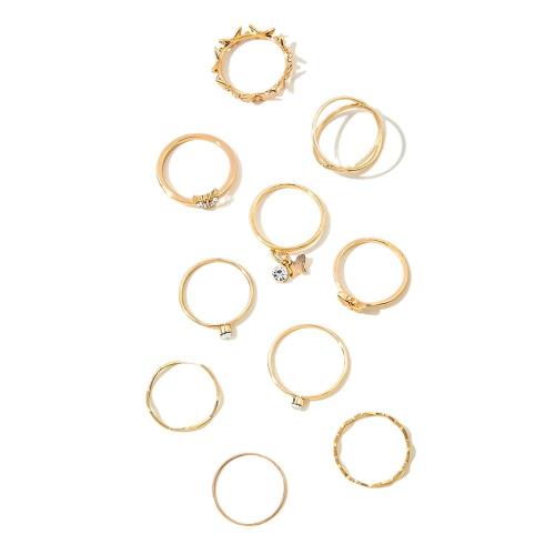 aleación de zinc Anillo Set, con fundición, chapado en color dorado, 10 piezas & para mujer & con diamantes de imitación, Vendido por Set