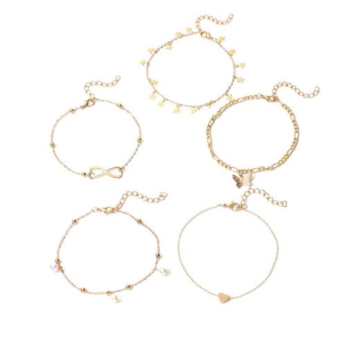 fer bracelet de cheville, avec perle de plastique, Placage de couleur d'or, 5 pièces & bijoux de mode & pour femme, Vendu par fixé