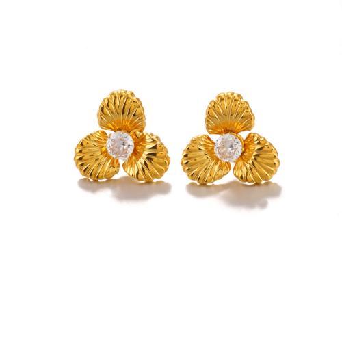 Stainless Steel Stud Earring, 304 Stainless Steel, Flower, gold color plated, micro pave cubic zirconia & for woman 