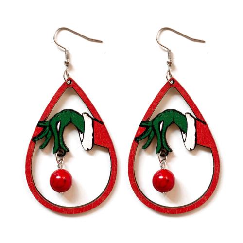 Wood Drop Earring, with Synthetic Turquoise & Iron, Christmas Design & for woman, 82mm 