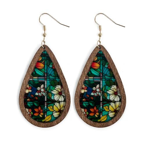 Acrylic Drop Earring, with Wood & Iron, Teardrop, printing, Translucent & for woman, 82mm 