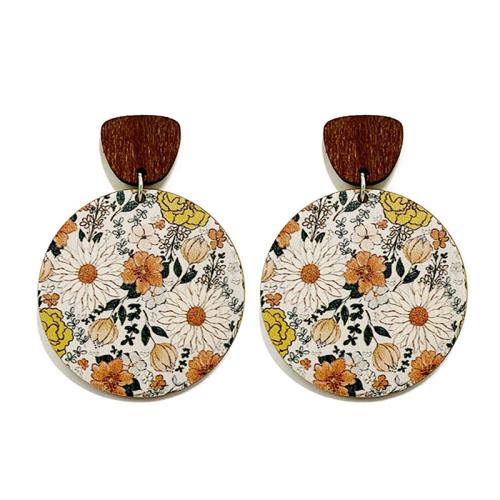 Wood Drop Earring, Flat Round, Bohemian style & for woman, 55mm 