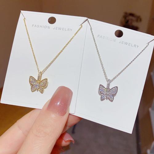 Brass Necklace, with 2inch extender chain, Butterfly, plated, micro pave cubic zirconia & for woman Approx 15.7 Inch 