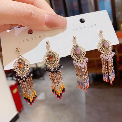 Brass Tassel Earring, with Seedbead & Crystal, Geometrical Pattern, real gold plated, vintage & for woman [