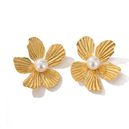 Titanium Steel Drop Earring, with Resin & Plastic Pearl, Flower, 18K gold plated & for woman 