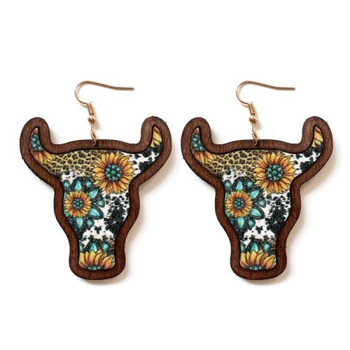 Wood Drop Earring, with Iron, Bull, printing, Bohemian style & for woman, 70mm 
