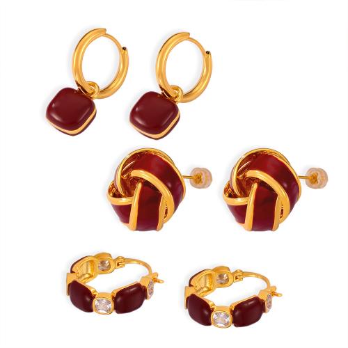 Titanium Steel Earrings & micro pave cubic zirconia & for woman & enamel, golden 