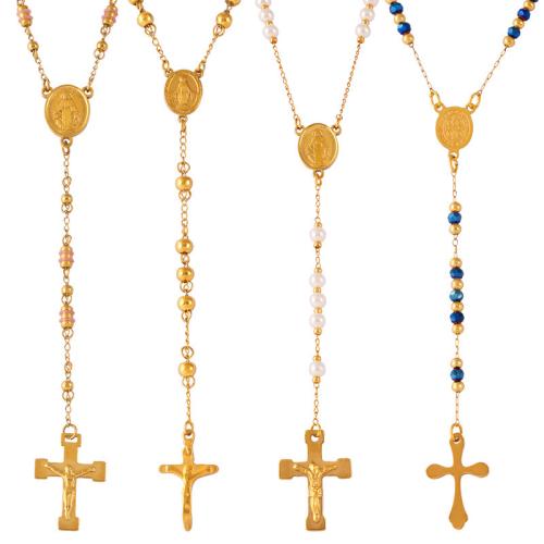 Титан ожерелье ювелирных изделий, титан, с Shell Pearl & Кристаллы, Kресты, ювелирные изделия моды & разные стили для выбора & Женский, Золотой, продается PC