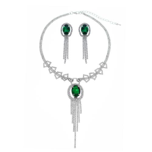 Rhinestone Zinc Alloy Jewelry Set, earring & necklace, 2 pieces & for woman & with rhinestone, silver color, earring 55mm Approx 36 cm 