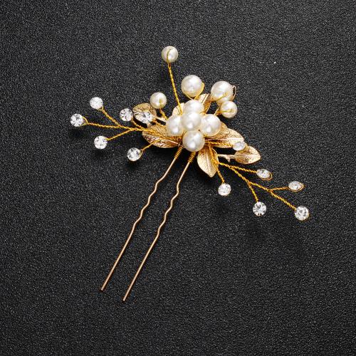 Hair Stick, Zinc Alloy, with ABS Plastic Pearl, fashion jewelry & for woman & with rhinestone, golden 