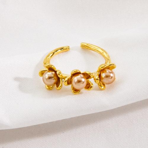 Kultivierten Süßwasser Perle Ring, 304 Edelstahl, mit Perlen, Vakuum-Ionen-Beschichtung, Einstellbar & Modeschmuck & für Frau, goldfarben, Ring inner diameter:17-20mm, verkauft von PC