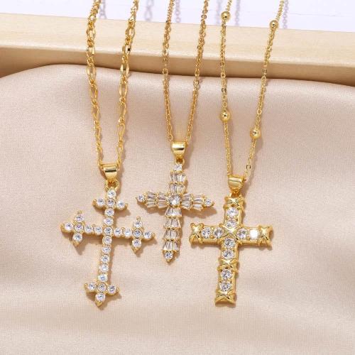 Cubic Zircon Micro Pave Brass Necklace, with 5cm extender chain, Cross, plated, fashion jewelry & micro pave cubic zirconia, golden cm 