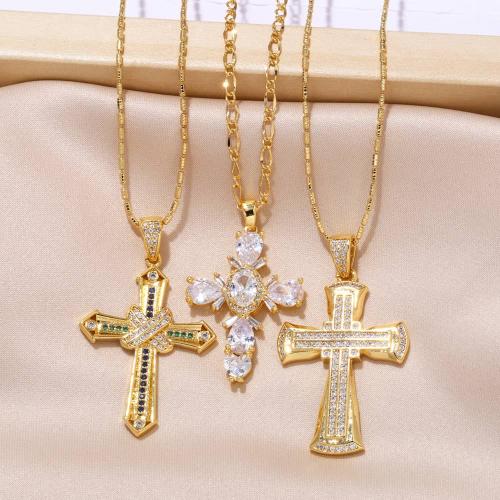 Cubic Zircon Micro Pave Brass Necklace, Cross, plated, fashion jewelry & micro pave cubic zirconia, golden 