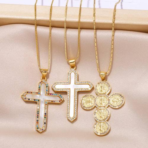 Cubic Zircon Micro Pave Brass Necklace, with Shell, Cross, plated, fashion jewelry & micro pave cubic zirconia, golden 