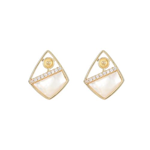 Brass Earring Stud Component, with White Shell & Plastic Pearl, plated, DIY & micro pave cubic zirconia, golden 