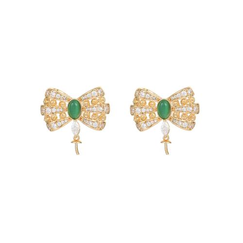 Brass Earring Stud Component, with Gemstone, plated, DIY & micro pave cubic zirconia 