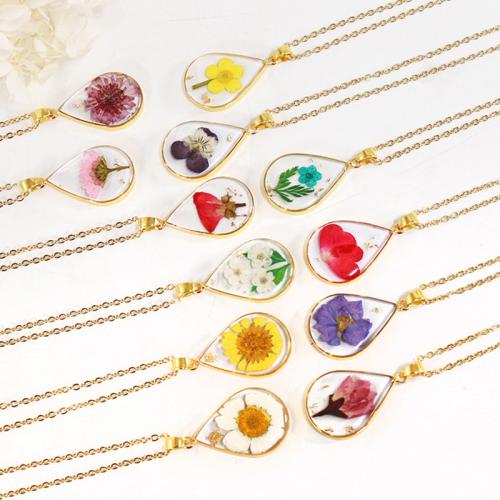 Resin Necklace, Brass, with 304 Stainless Steel Chain & Dried Flower & Resin, epoxy gel & for woman cm 