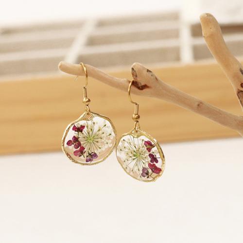 Resin Drop Earring, Zinc Alloy, with Dried Flower & Resin & 304 Stainless Steel, epoxy gel & for woman 