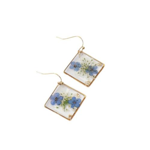 Resin Drop Earring, 304 Stainless Steel, with Dried Flower & Resin, epoxy gel & for woman, blue 