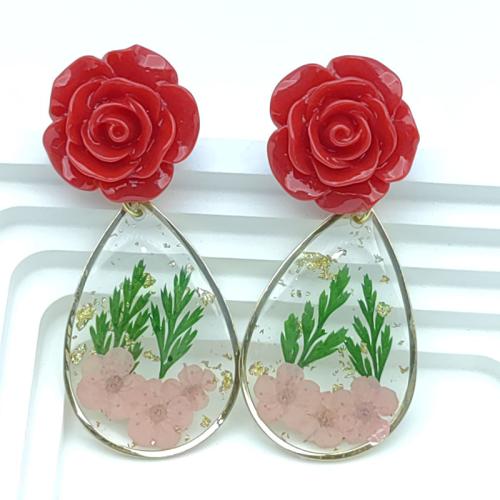 Resin Drop Earring, Zinc Alloy, with Dried Flower & Resin & Acrylic, handmade & for woman 
