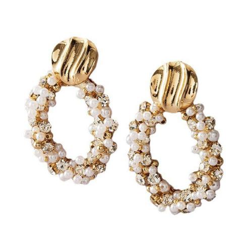 Pendiente de aleación de cinc con perlas plásticas, aleación de zinc, con Perlas plásticas, hecho a mano, para mujer & con diamantes de imitación, dorado, Vendido por Par