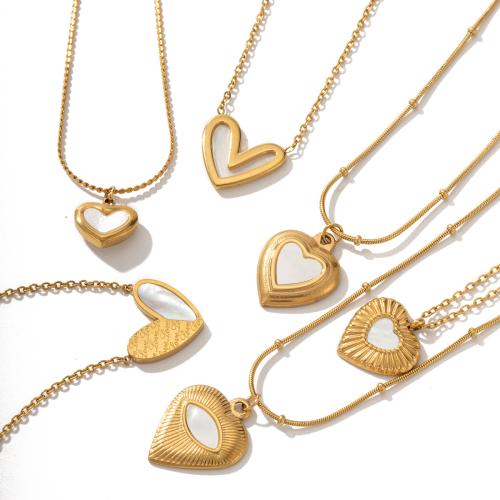 Titanium Steel Necklace, with White Shell, with 1.96inch extender chain, Heart, gold color plated, oval chain & for woman Approx 17.7 Inch 