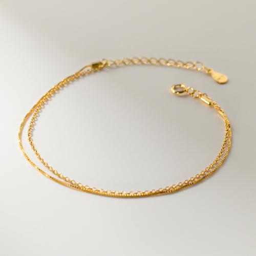 925 Sterling Silver Bracelet, with 1.2inch extender chain, gold color plated, Double Layer & Korean style & for woman Approx 6.5 Inch [
