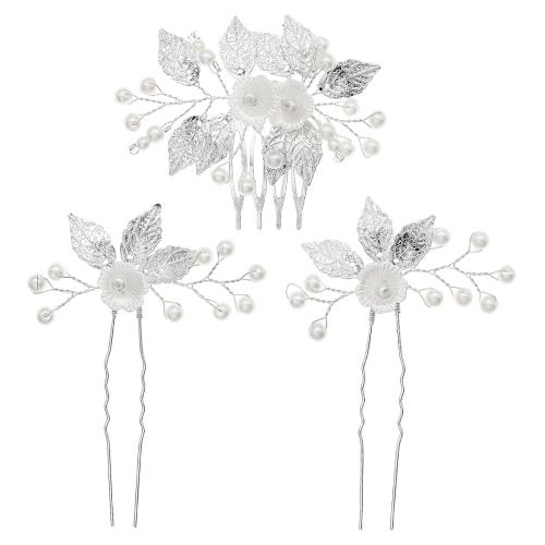 Zinc Alloy Hair Jewelry Set, hair comb & hair stick, with Plastic Pearl, three pieces & fashion jewelry & for woman, silver color 