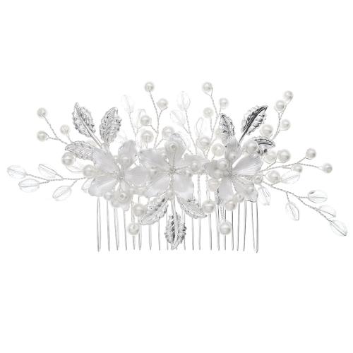 Decorative Hair Combs, Zinc Alloy, with Crystal & Plastic Pearl, fashion jewelry & for woman, silver color 
