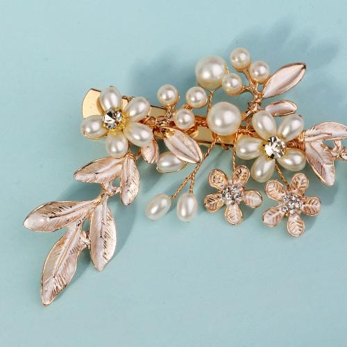 Alligator Hair Clip, Zinc Alloy, with Plastic Pearl, fashion jewelry & for woman & with rhinestone, golden 