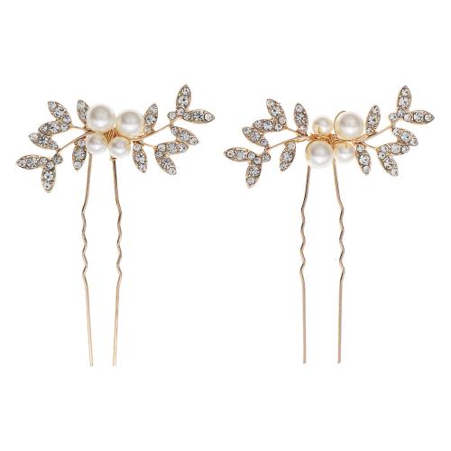 Hair Stick, Zinc Alloy, with Plastic Pearl, 2 pieces & for woman & with rhinestone, golden 