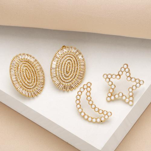 Cubic Zirconia Micro Pave Brass Earring, with Plastic Pearl, plated, fashion jewelry & micro pave cubic zirconia, golden 