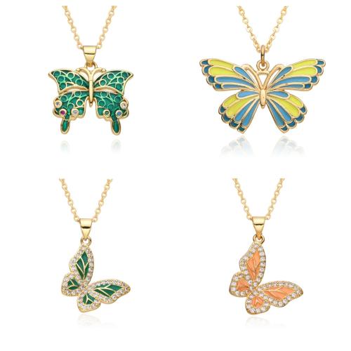 Cubic Zircon Micro Pave Brass Necklace, Butterfly, plated & micro pave cubic zirconia & for woman & enamel Approx 41-50 cm 