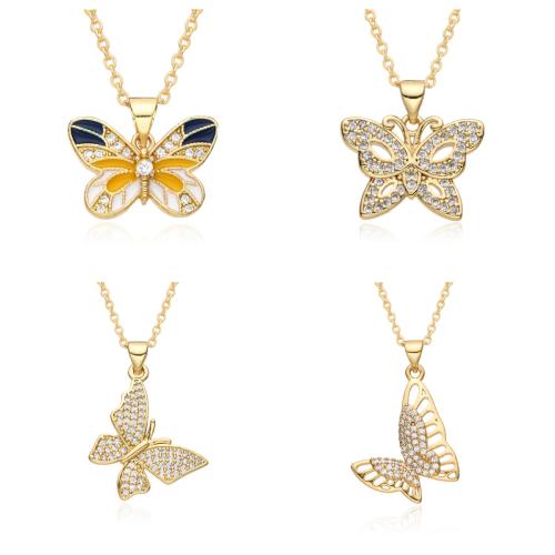 Cubic Zircon Micro Pave Brass Necklace, Butterfly, plated & micro pave cubic zirconia & for woman & enamel, golden Approx 41-50 cm 