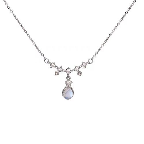 Cubic Zircon Micro Pave Sterling Silver Necklace, 925 Sterling Silver, with Moonstone, with 5CM extender chain, micro pave cubic zirconia & for woman, platinum color Approx 40 cm 