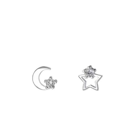Cubic Zirconia Micro Pave Sterling Silver Earring, 925 Sterling Silver, Moon and Star, micro pave cubic zirconia & for woman, silver color 