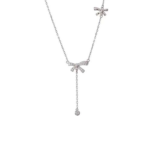 Cubic Zircon Micro Pave Sterling Silver Necklace, 925 Sterling Silver, with 5CM extender chain, Bowknot, micro pave cubic zirconia & for woman, platinum color Approx 40 cm 