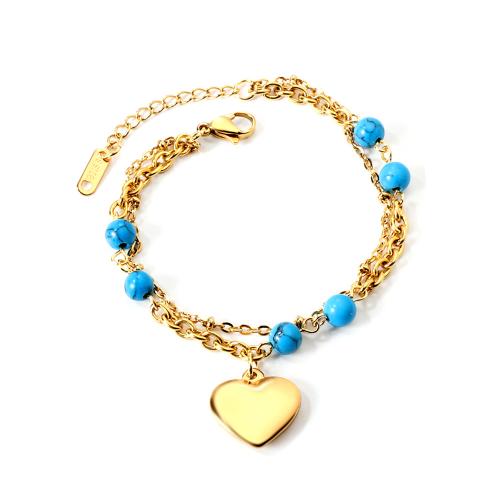 Stainless Steel Charm Bracelet, 304 Stainless Steel, with turquoise, plated & for woman, golden 