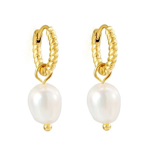 Stainless Steel Drop Earring, 304 Stainless Steel, with Plastic Pearl, plated & micro pave cubic zirconia & for woman, golden 