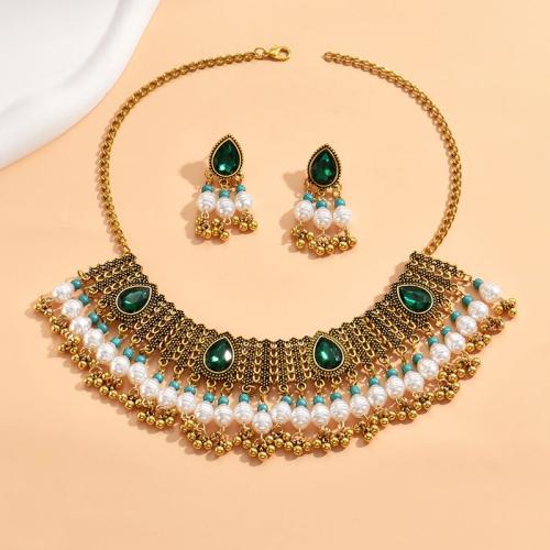Rhinestone Zinc Alloy Jewelry Set, earring & necklace, with Plastic Pearl, plated, for woman & with rhinestone, green 