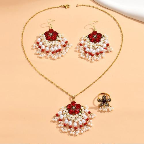Rhinestone Zinc Alloy Jewelry Set, finger ring & earring & necklace, with Plastic Pearl, three pieces & for woman & with rhinestone, red 